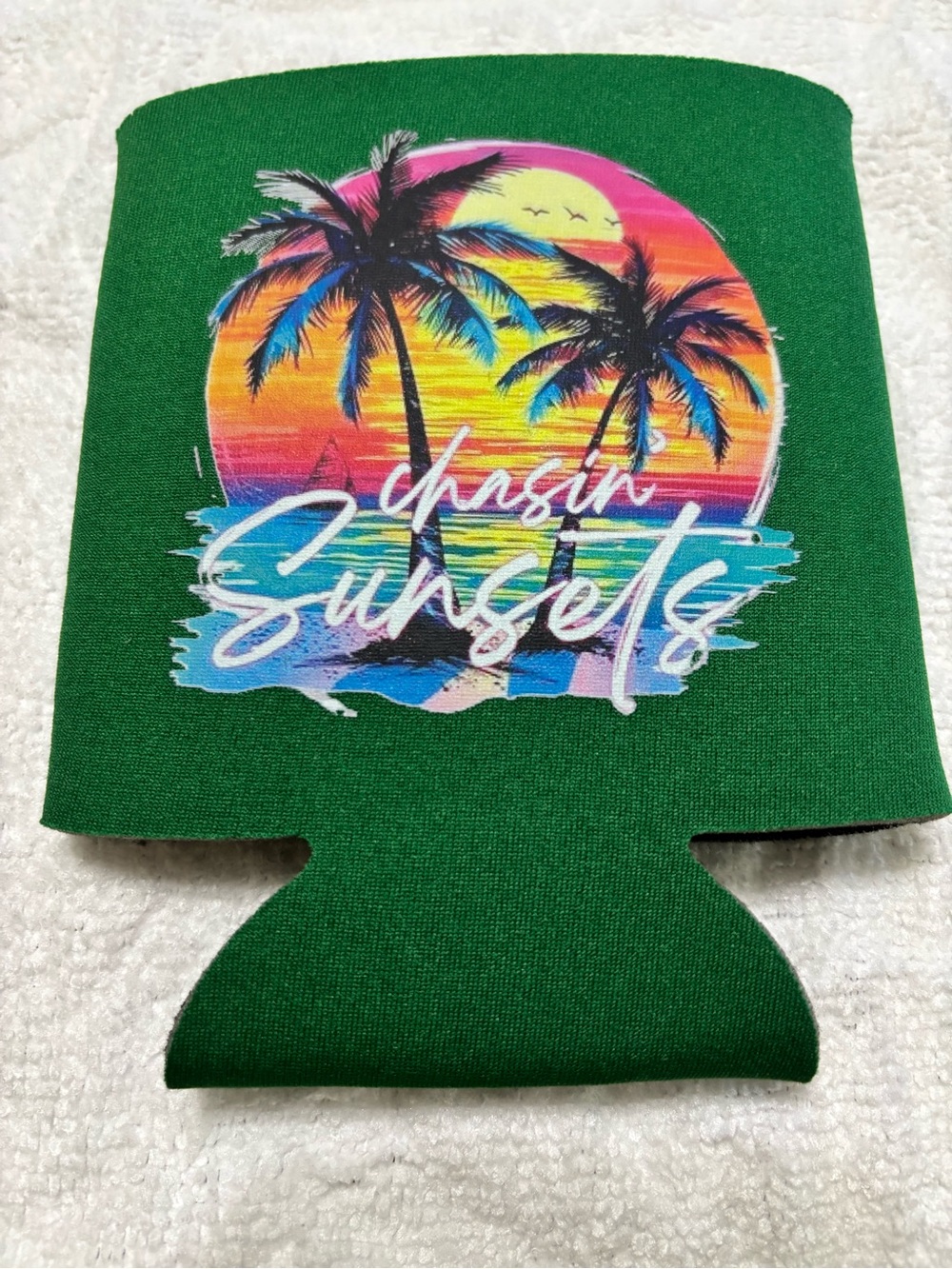 NEW Green 'Chasin Sunsets' Can Cooler with Tropical Sunset Graphic
